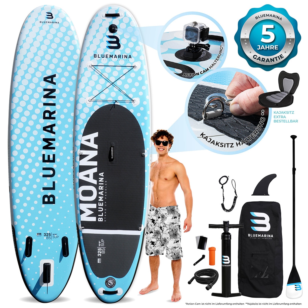 Bluemarina SUP Board Moana, aufblasbar mit Double Layer, Paddel, Pumpe, Rucksack, 5J Garantie (Classic, 325x86x15cm / 10'8") 