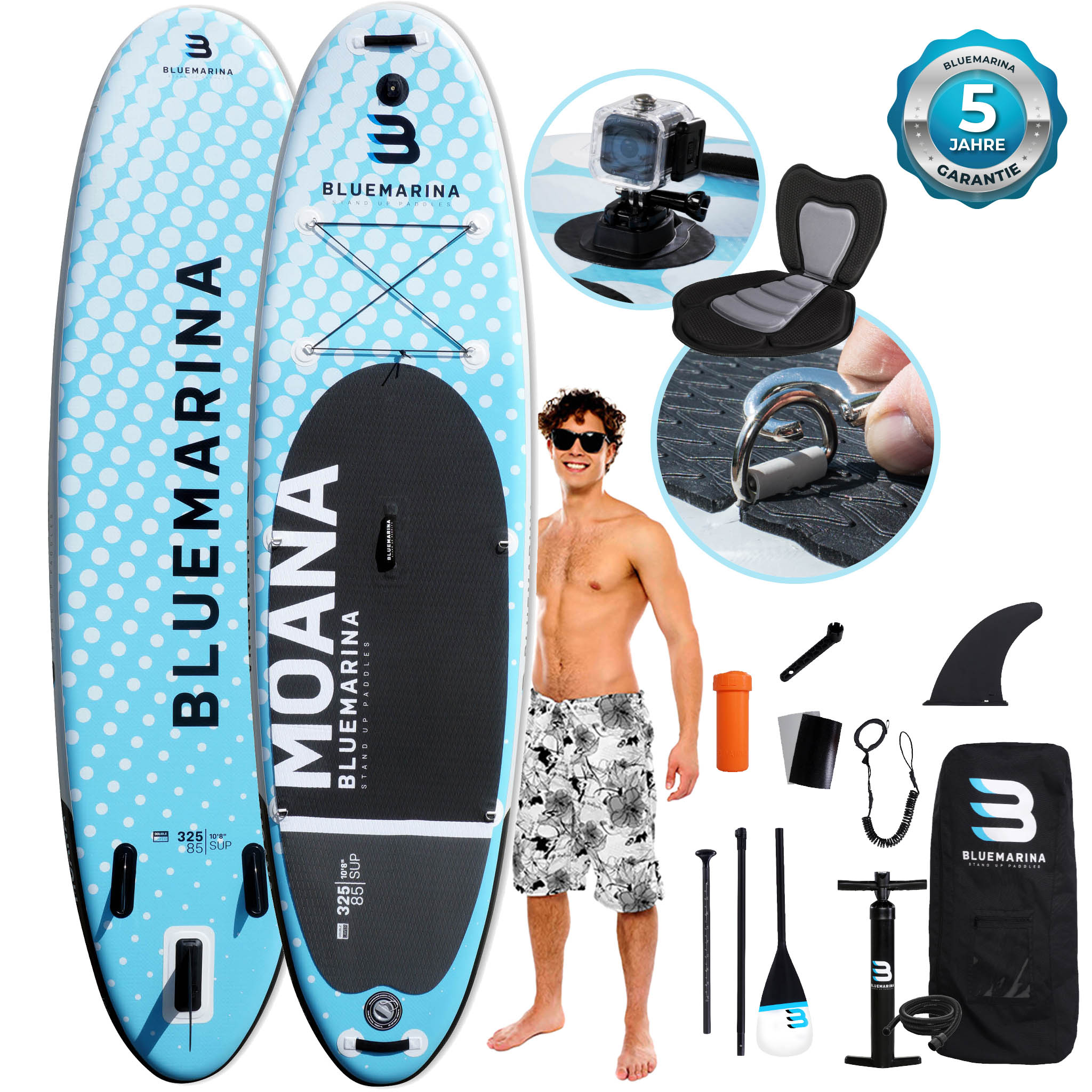 Bluemarina SUP Board Moana, aufblasbar mit Doppelkolben-Pumpe, Paddel, Rucksack, 5J Garantie (Classic 2.0, 325x86x15cm / 10'8") 