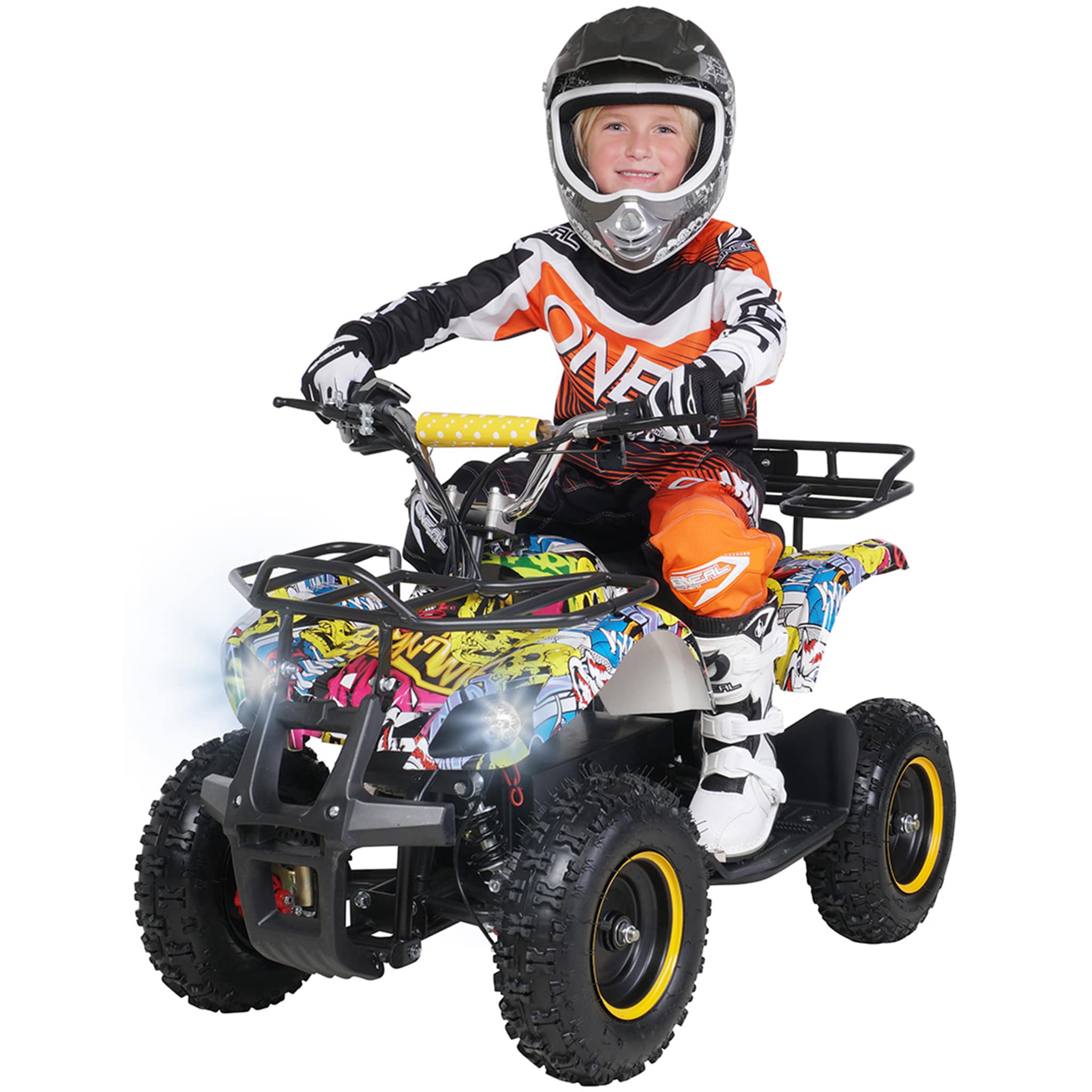 Elektro-Kinderquad Torino, 1000 Watt, Pocket-Quad mit Scheibenbremsen, 24 km/h, 3 x 12-Volt-Batterie (Gelb Graffiti) 