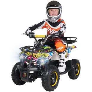 Elektro-Kinderquad Torino, 1000 Watt, Pocket-Quad mit Scheibenbremsen, 24 km/h, 3 x 12-Volt-Batterie (Gelb Graffiti) 