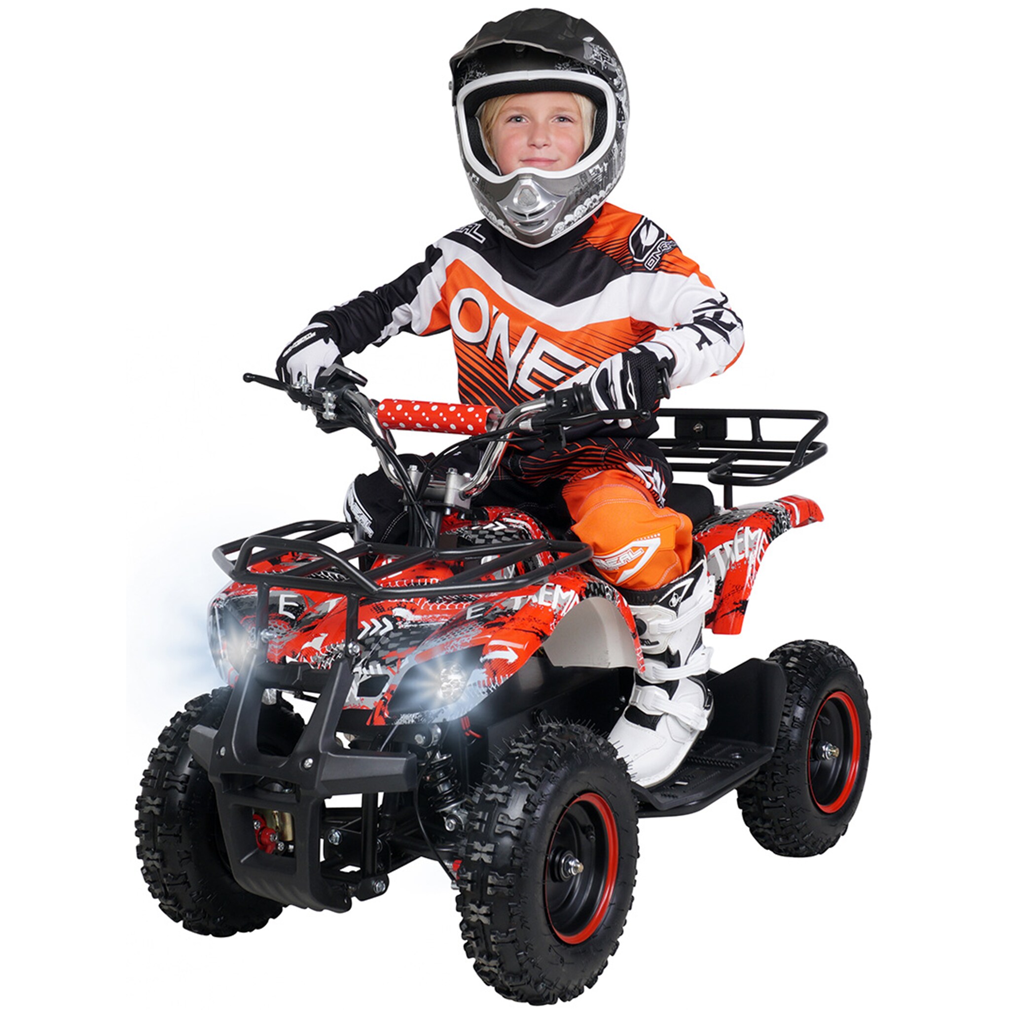 Elektro-Kinderquad Torino, 1000 Watt, Pocket-Quad mit Scheibenbremsen, 24 km/h, 3 x 12-Volt-Batterie (Schwarz/Wei&szlig;/Rot Polo) 