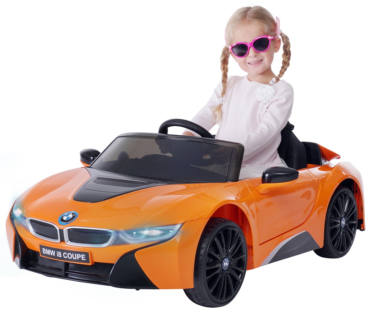 Kinder-Elektroauto BMW i8 l12, lizenziert, 50 Watt, 12 V, Fernbedienung, LED, EVA-Reifen, Soundmodul (Orange) 