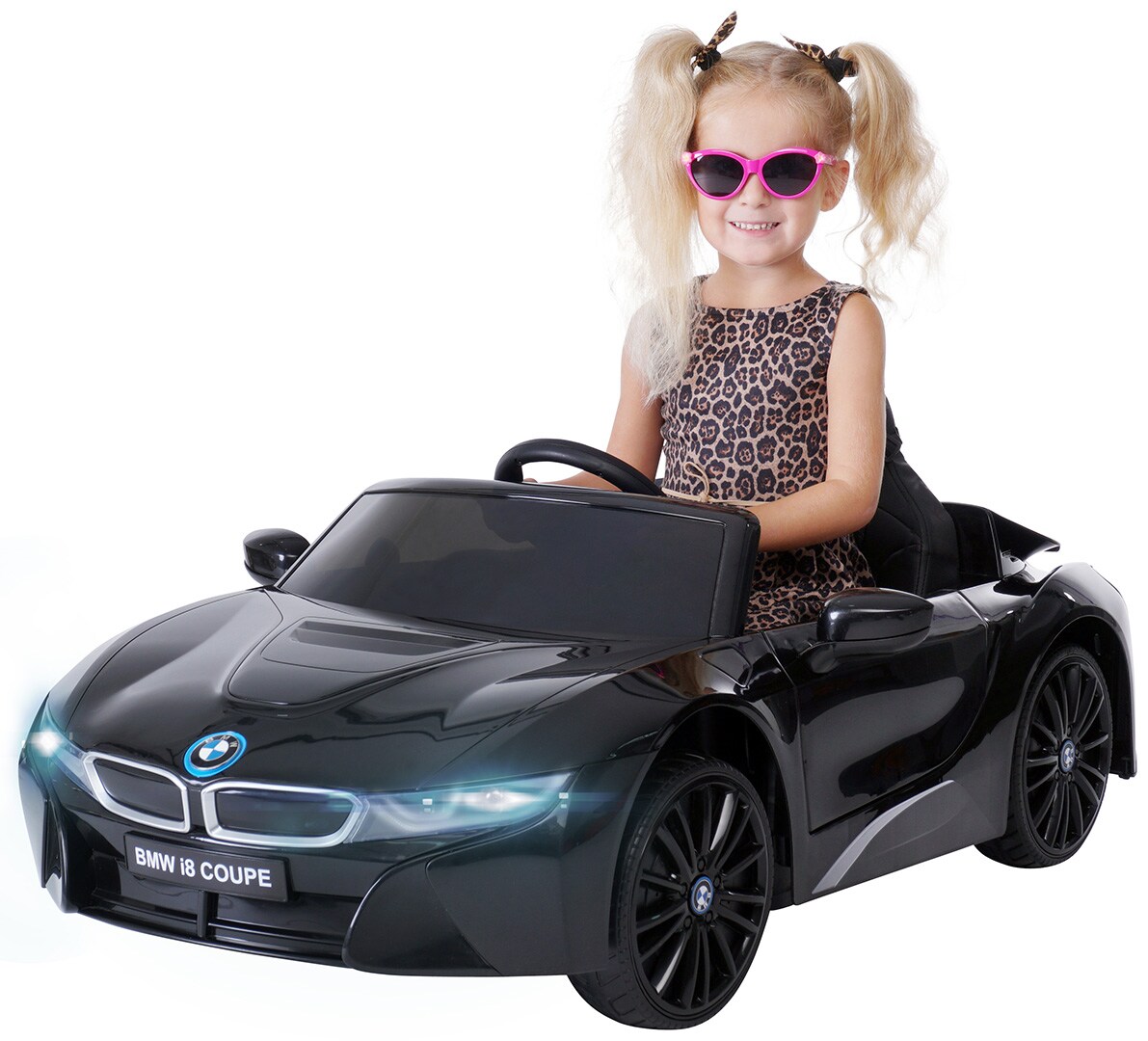 Kinder-Elektroauto BMW i8 l12, lizenziert, 50 Watt, 12 V, Fernbedienung, LED, EVA-Reifen, Soundmodul (Schwarz) 