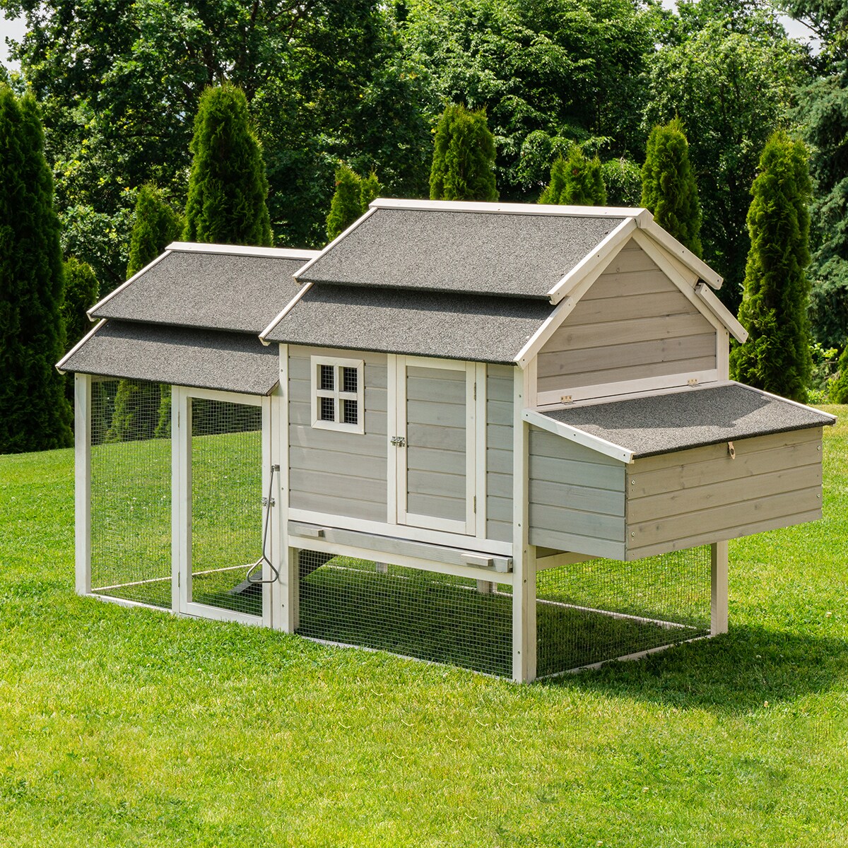 MyAnimal H&uuml;hnerstall f&uuml;r 6 H&uuml;hner MH-18, Holz-H&uuml;hnerhaus, verzinkter Draht, Legenester, wetterfest (Grau/Wei&szlig;) 