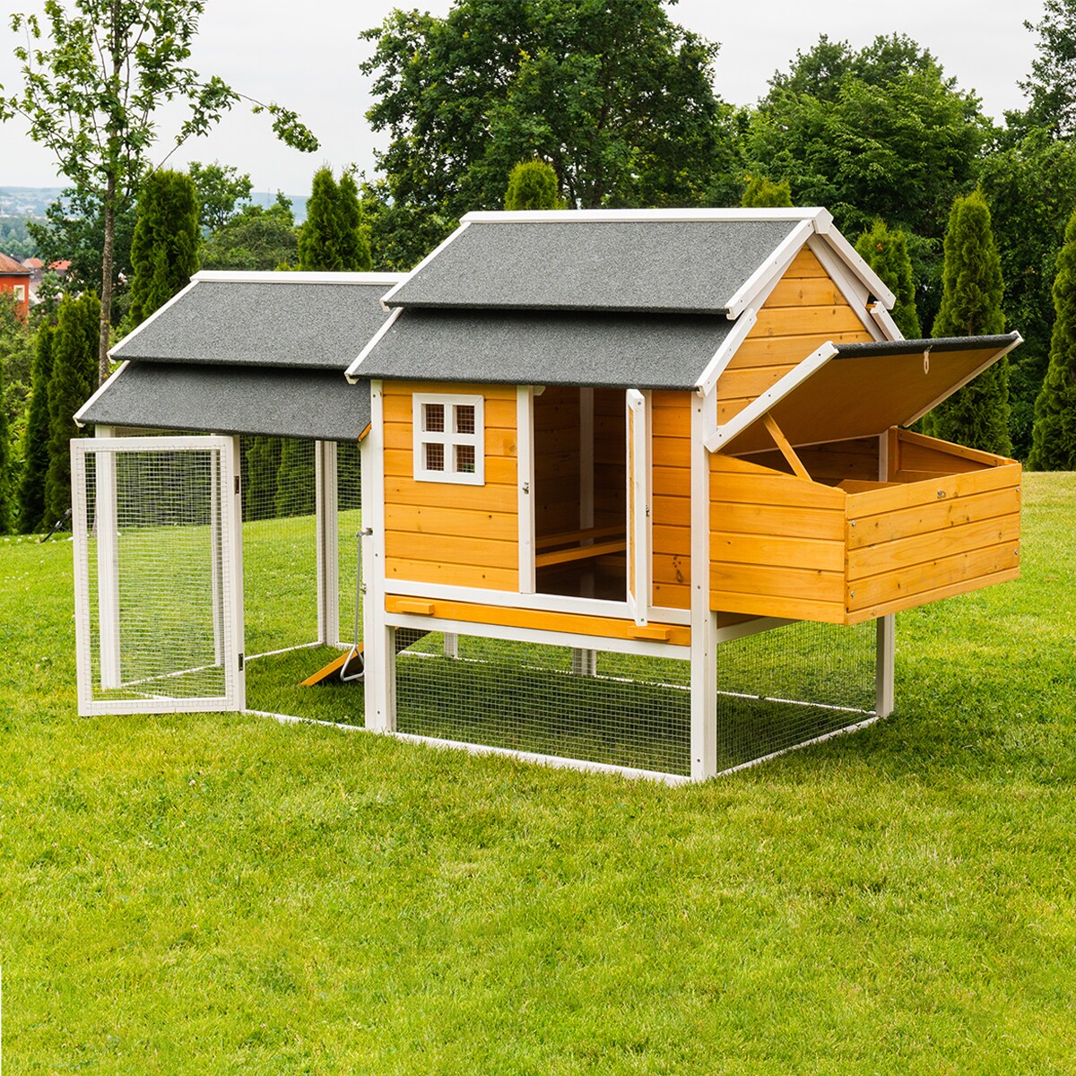 MyAnimal H&uuml;hnerstall f&uuml;r 6 H&uuml;hner MH-18, Holz-H&uuml;hnerhaus, verzinkter Draht, Legenester, wetterfest (Braun/Wei&szlig;) 