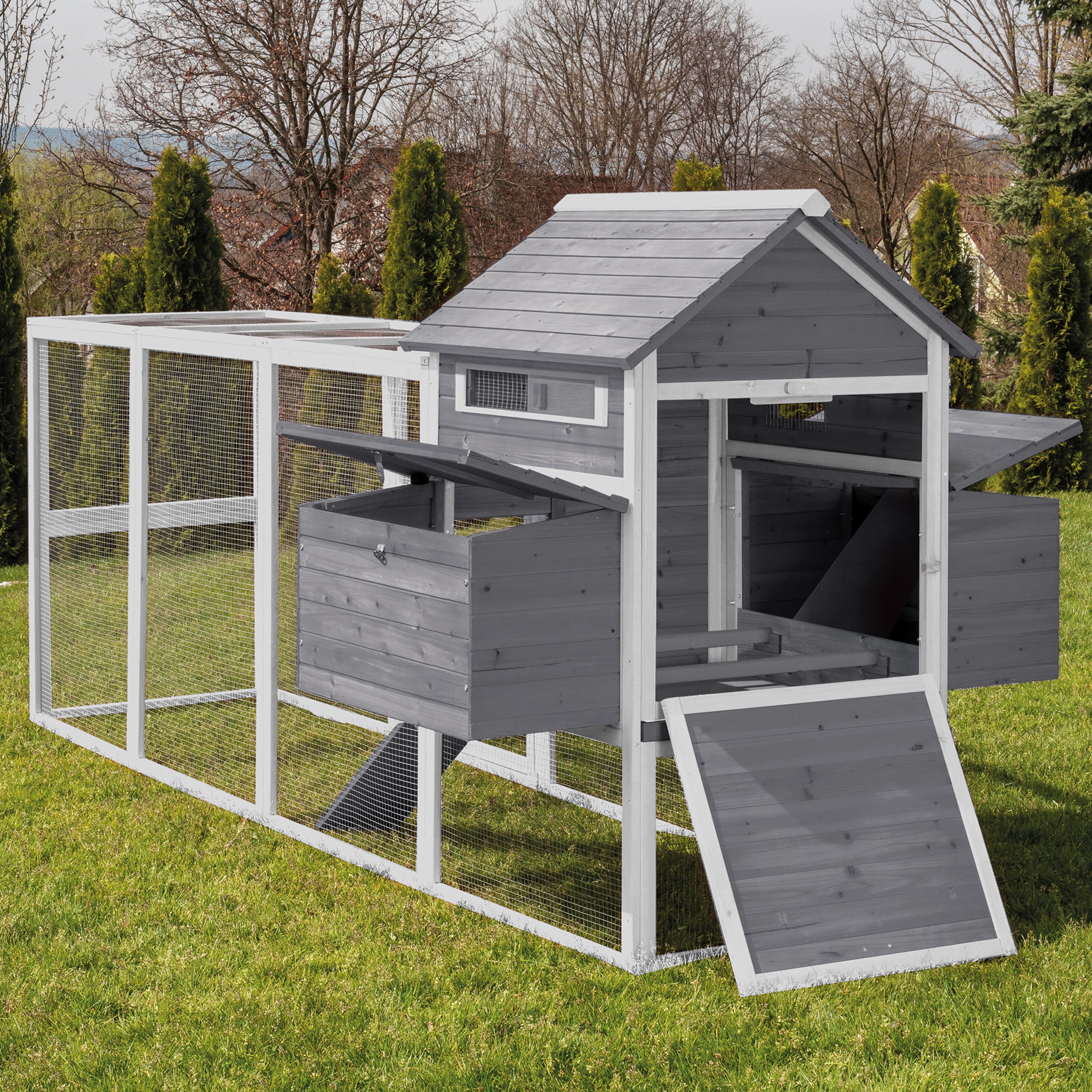 MyAnimal H&uuml;hnerstall XXL f&uuml;r 8 H&uuml;hner MH-22, H&uuml;hnerhaus mit zwei Nistk&auml;sten, Auslauf, zwei Ebenen (Grau/Wei&szlig; 2.0) 