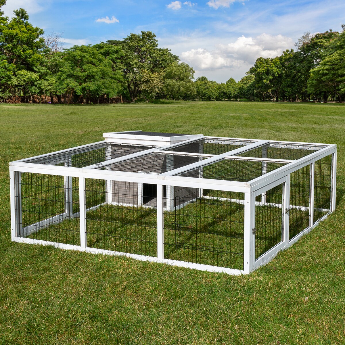 MyAnimal Hasenstall MH-08 Freilaufgehege, Kaninchenstall mit Haus, 3 Au&szlig;ent&uuml;ren, verzinkter Draht 