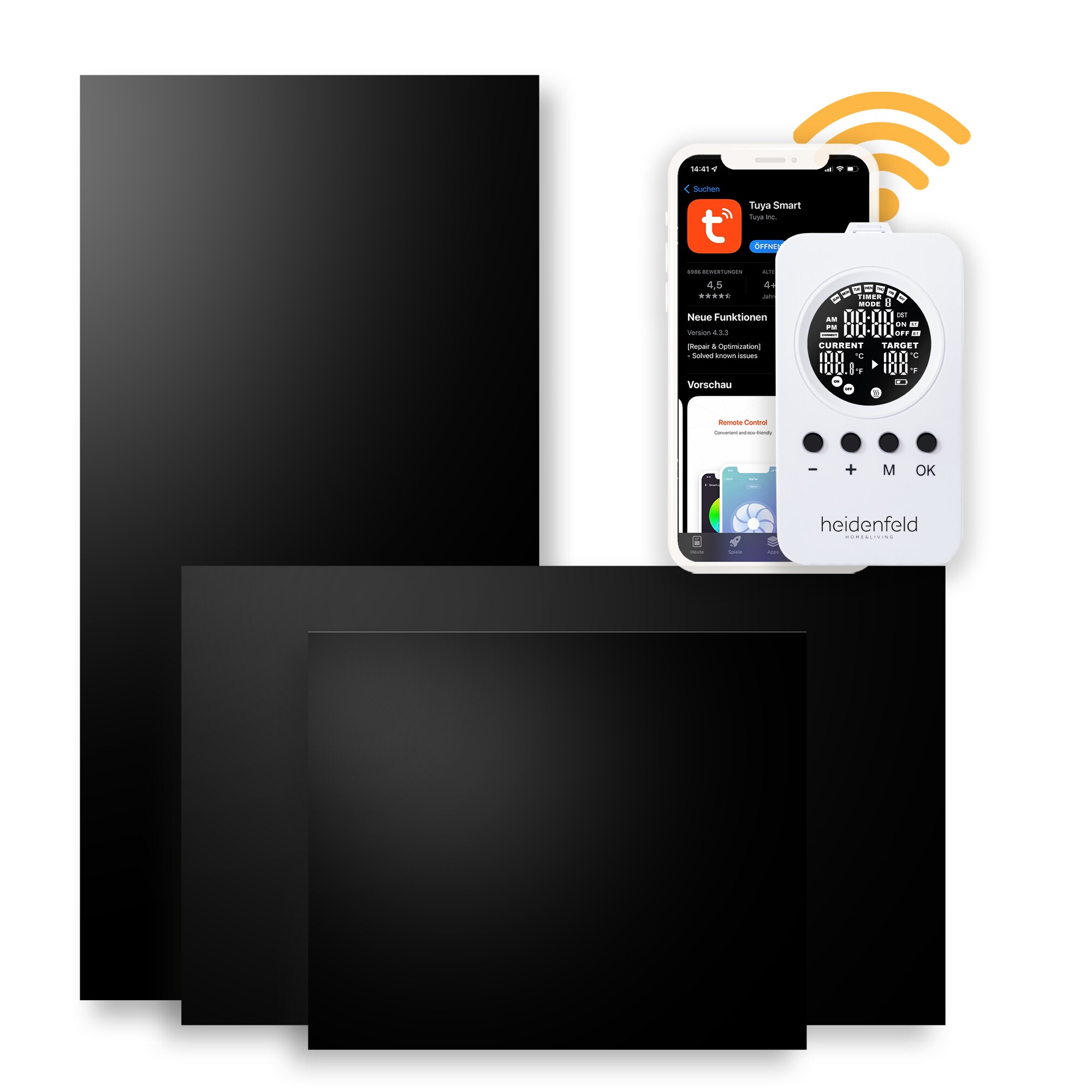 Heidenfeld Infrarotheizung HF-HP120, Glas, schwarz, App, Fernbedienung, Wand/Decke, IP44, Thermostat (300 Watt) 