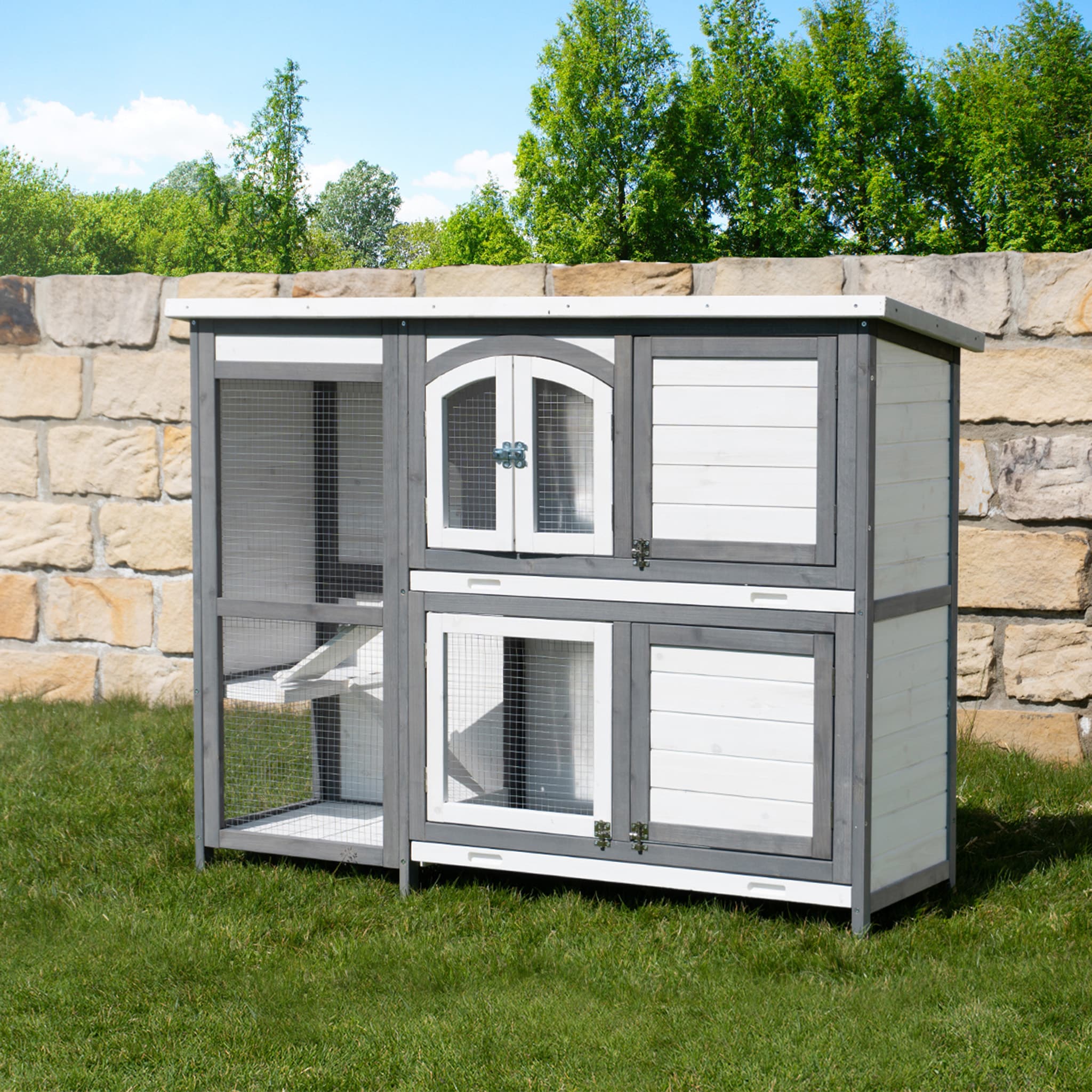 MyAnimal Hasenstall zweist&ouml;ckig MH-02, Doppelstockk&auml;fig, Kiefernholz, einfache Reinigung, wetterfest (Grau/Wei&szlig;) 