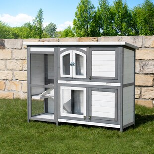 MyAnimal Hasenstall zweistöckig MH-02, Doppelstockkäfig, Kiefernholz, einfache Reinigung, wetterfest (Grau/Weiß) 