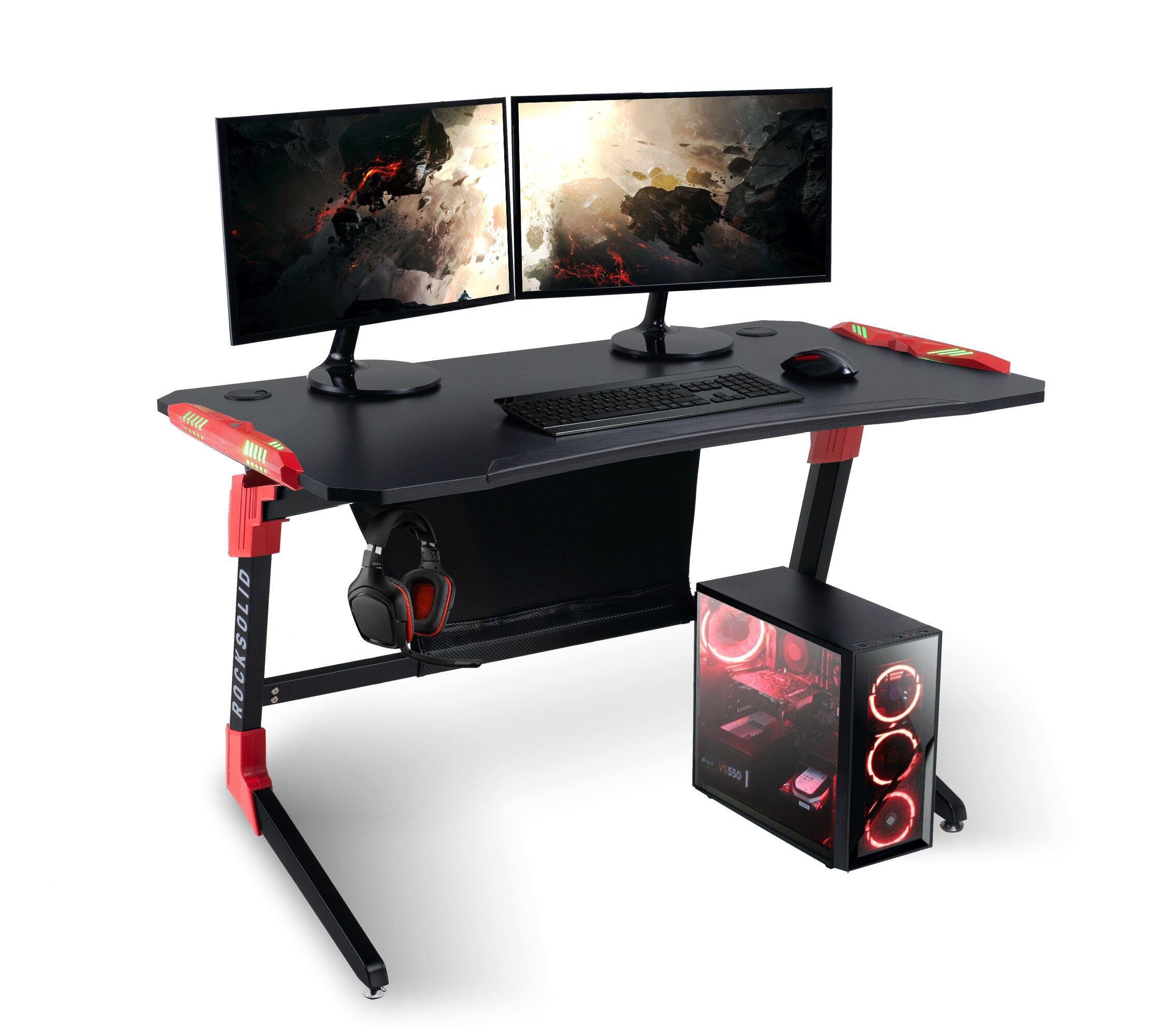 Elite Gaming-Tisch ROCKSOLID, Gamer-Schreibtisch, Carbon, LED-Beleuchtung, Kabel- und Headset-Halter (Schwarz/Rot) 