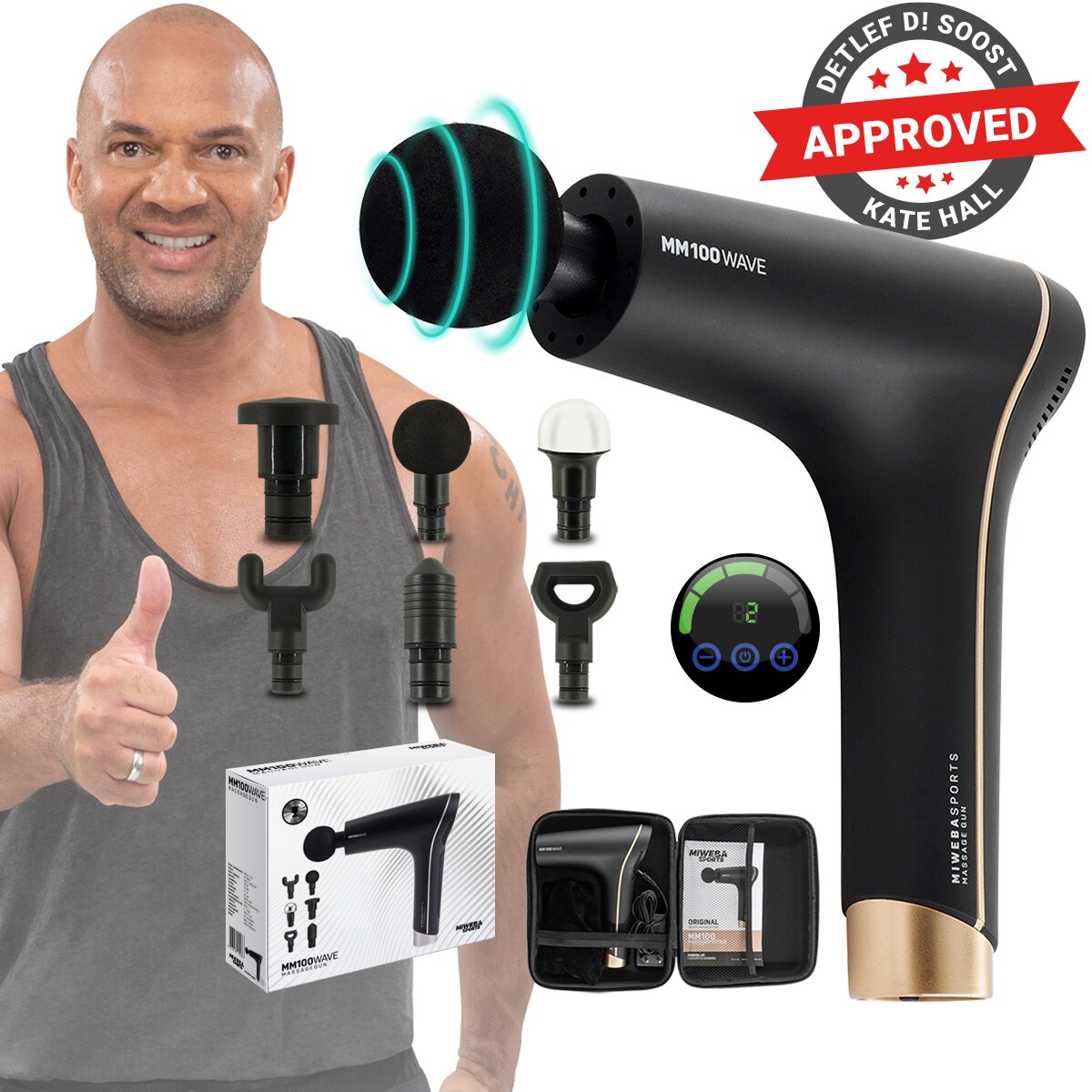 Miweba Sports Massagepistole MM100, Massage-Gun 2500 mAh f&uuml;r Faszien-Muskelmassage mit 6 Aufs&auml;tzen (Schwarz/Gold) 