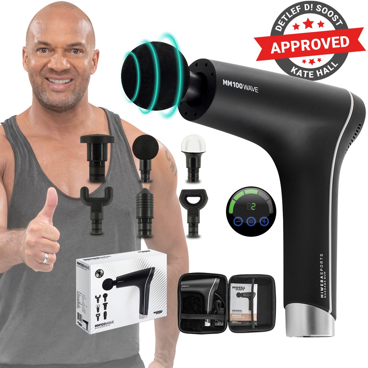 Miweba Sports Massagepistole MM100, Massage-Gun 2500 mAh f&uuml;r Faszien-Muskelmassage mit 6 Aufs&auml;tzen (Schwarz/Silber) 