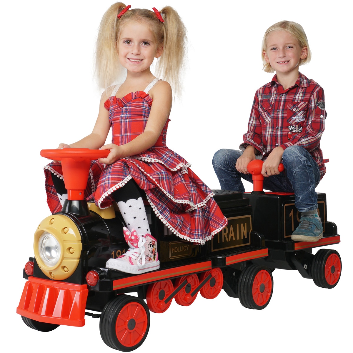 Kinder-Elektrozug mit Anh&auml;nger, elektrische Eisenbahn, 3 Sitzpl&auml;tze, 5 km/h, Soft-Start, 180 Watt (2.0) 