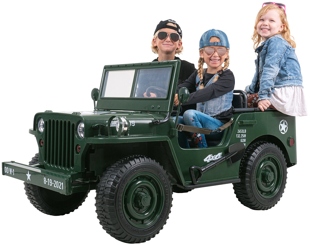 Jeep Willys Kinder-Elektroauto, 3 Sitze und 3 Gurte, Schaufel, Ersatzrad, Federung, Allrad 4x4, LEDs 