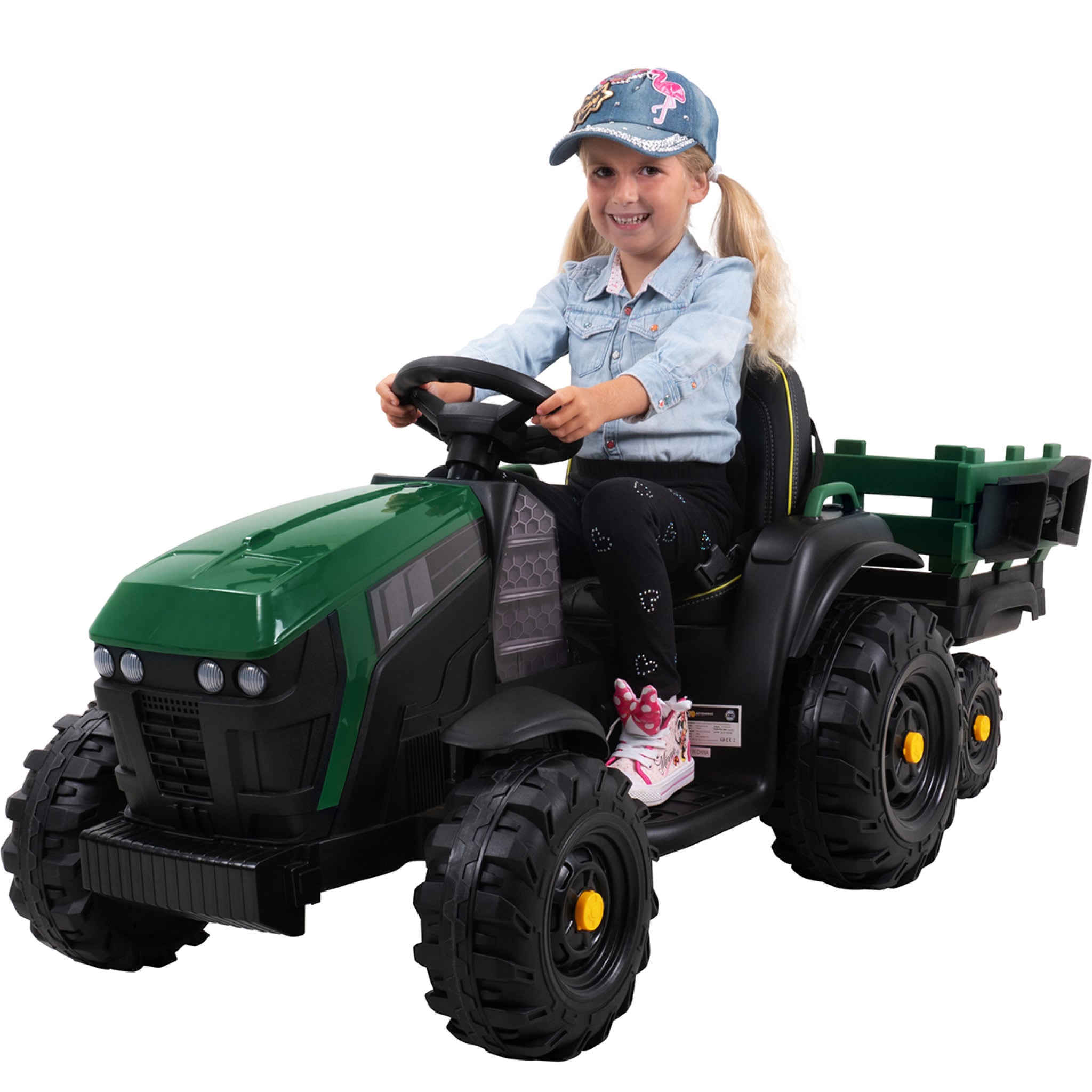 Elektro-Kindertraktor mit Anh&auml;nger, Staufach, Schaufel, Fernbedienung, 90 W, Bremsautomatik, TD925  (Gr&uuml;n/Schwarz) 
