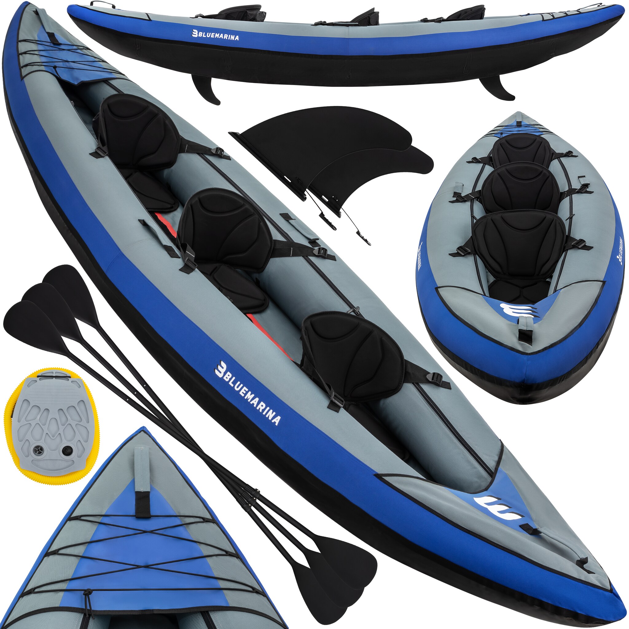 Bluemarina Kajak aufblasbar Samoa, 3-Sitzer-Kanu, Fu&szlig;pumpe, Gep&auml;ckgummi, Finnen, Transportrucksack 