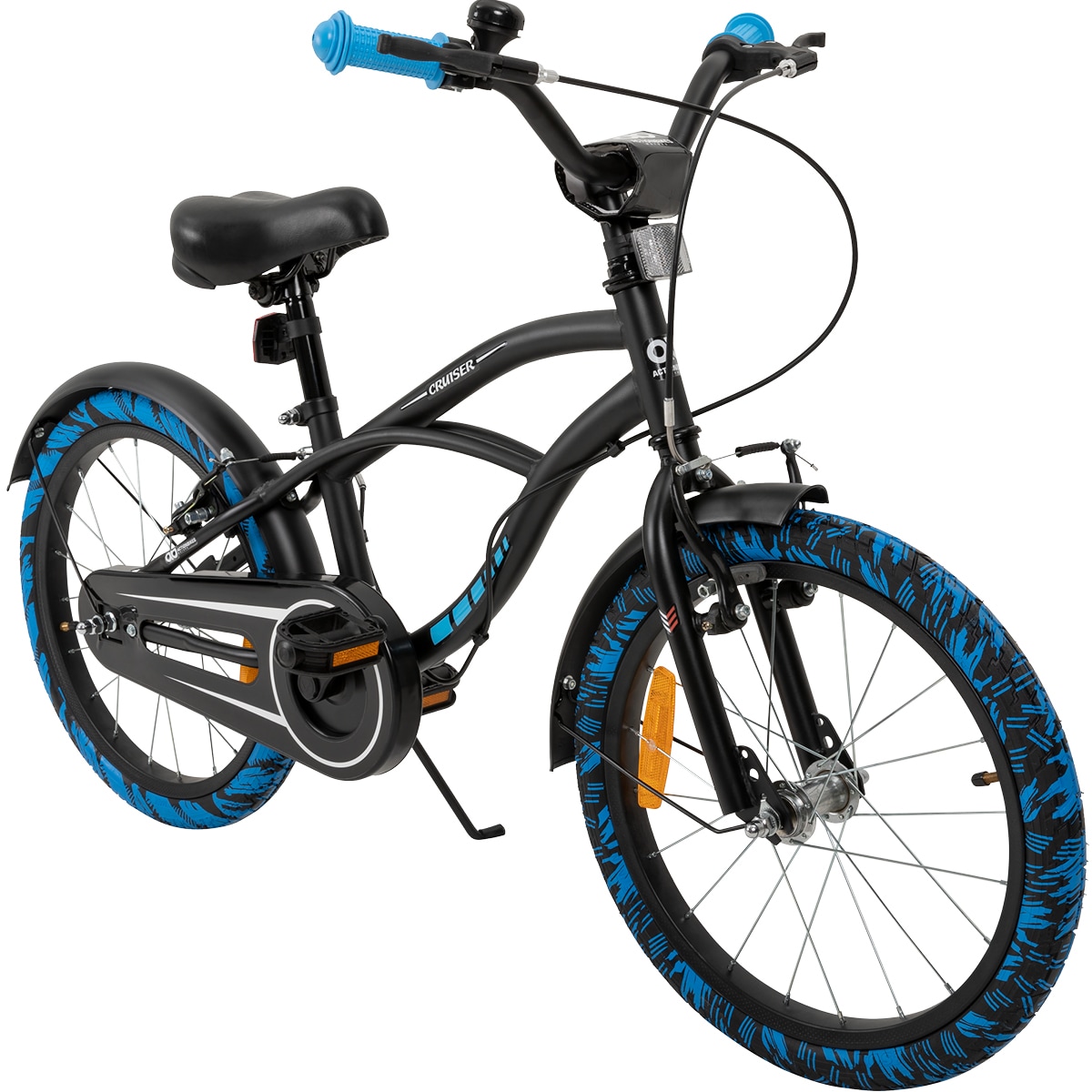 Actionbikes Kinderfahrrad Cruiser 18 Zoll, schwarz, Fahrradst&auml;nder, Antirutschgriffe, Lenkerschutz (Schwarz/Blau) 