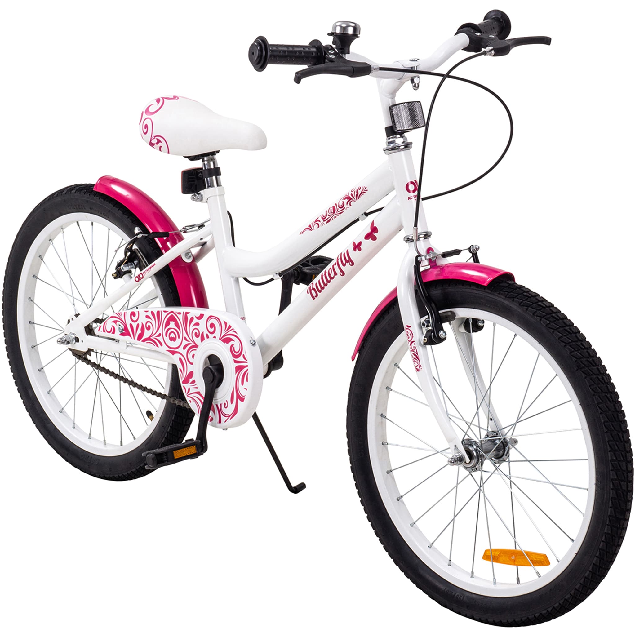 Actionbikes Kinderfahrrad Butterfly 20 Zoll, Pink, Fahrradst&auml;nder, Kettenschutz, Antirutschgriffe (Wei&szlig;/Pink) 