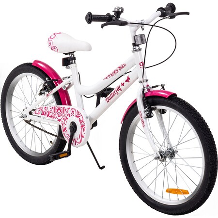 Actionbikes Kinderfahrrad Butterfly 20 Zoll, Pink, Fahrradständer,  Kettenschutz, Antirutschgriffe (Weiß/Pink)