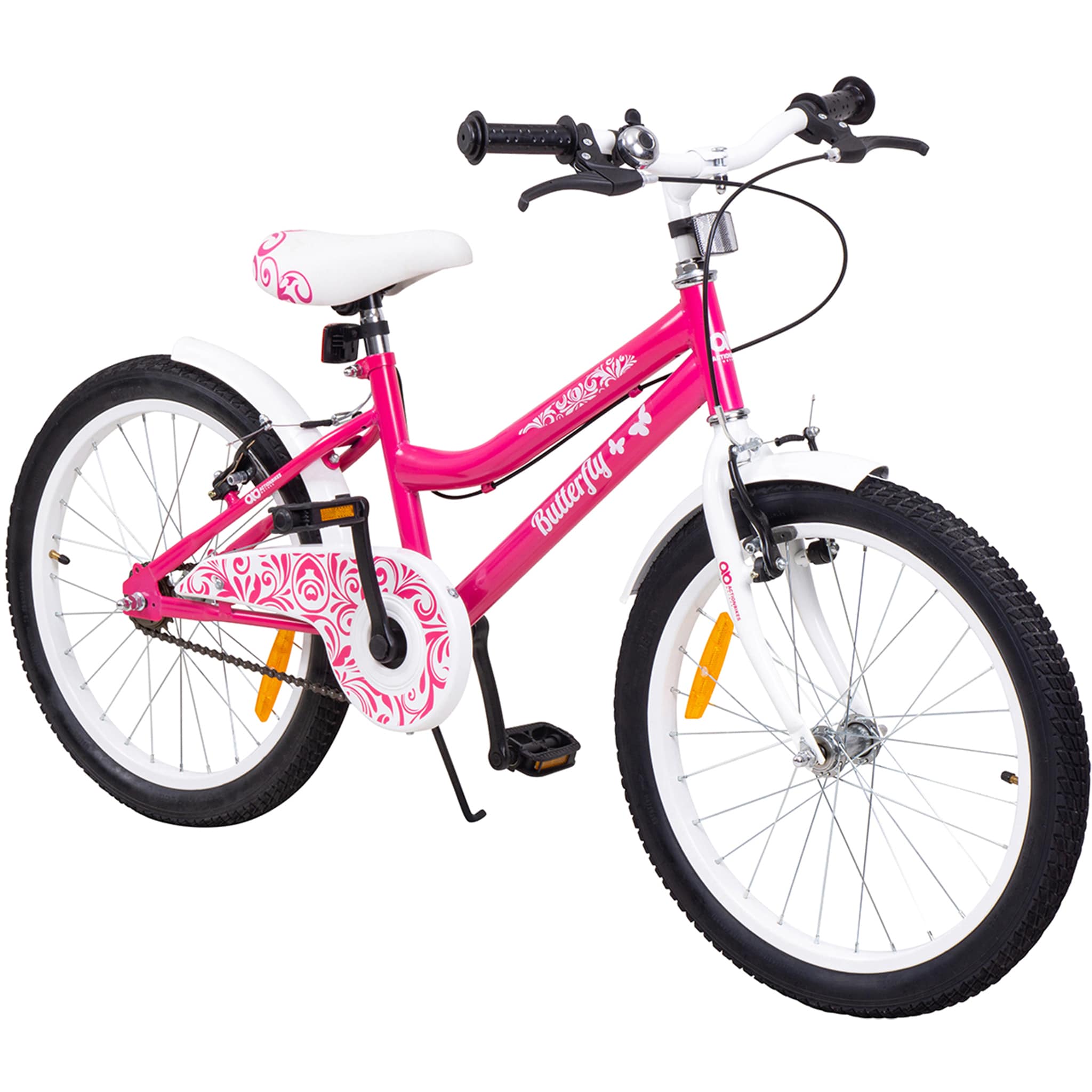Actionbikes Kinderfahrrad Butterfly 20 Zoll, Pink, Fahrradst&auml;nder, Kettenschutz, Antirutschgriffe (Pink/Wei&szlig;) 