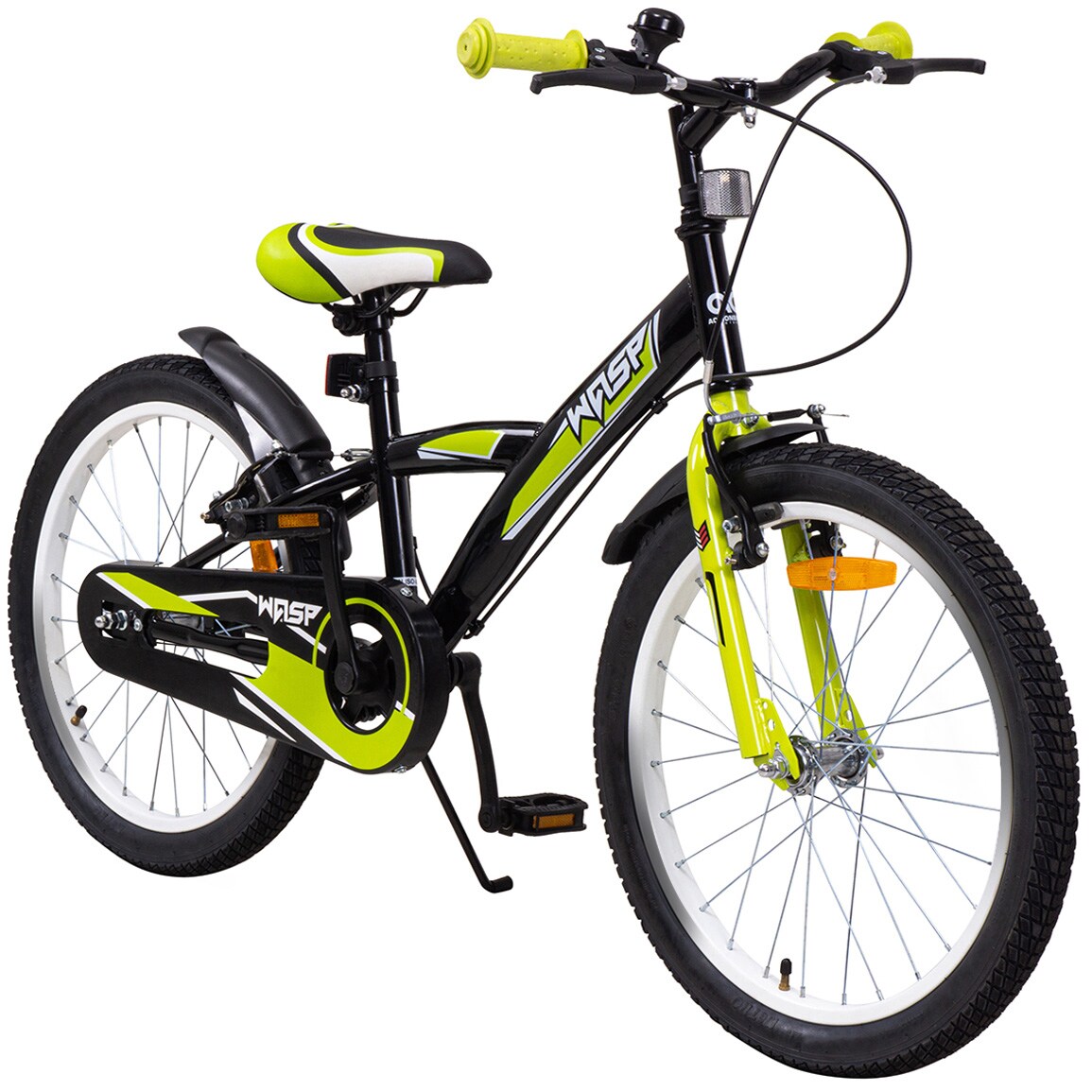 Actionbikes Kinderfahrrad Wasp 20 Zoll, Fahrradst&auml;nder, Schutzbleche, verstellbar, V-Brake-Bremsen (Schwarz-Gr&uuml;n) 