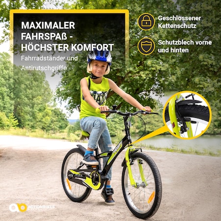 Actionbikes Kinderfahrrad Wasp 20 Zoll, Fahrradständer, Schutzbleche,  verstellbar, V-Brake-Bremsen (Schwarz-Grün)