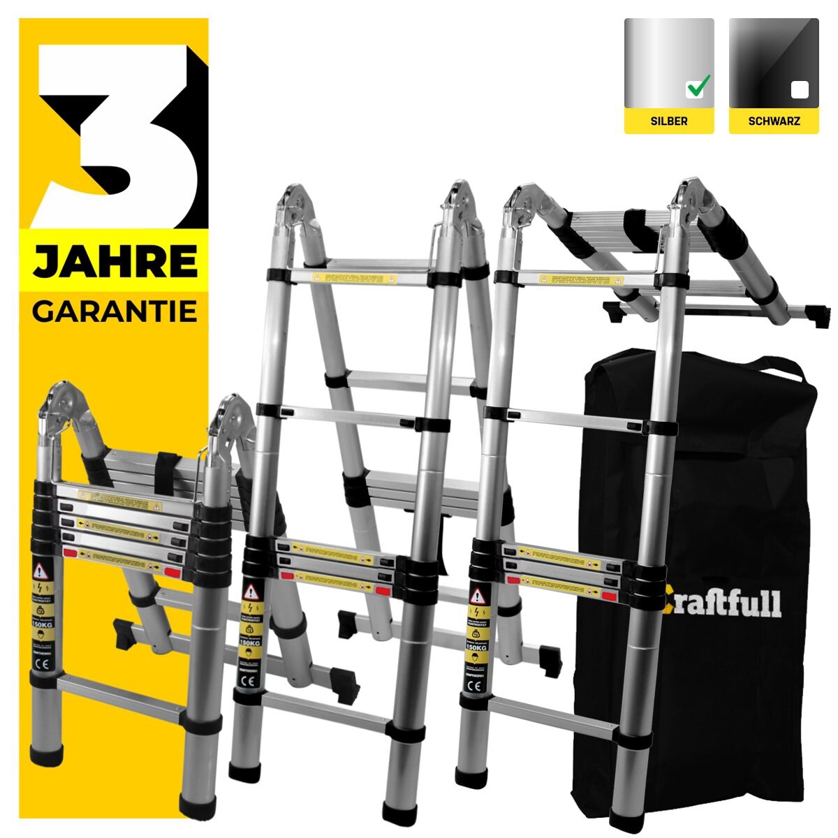 Craftfull Klapp-Teleskopleiter CF-102B, SOFT-CLOSE, Aluminium Klappleiter, Anlegeleiter, Tragetasche (2 x 1.6 Meter (Total 3.2 m)) 