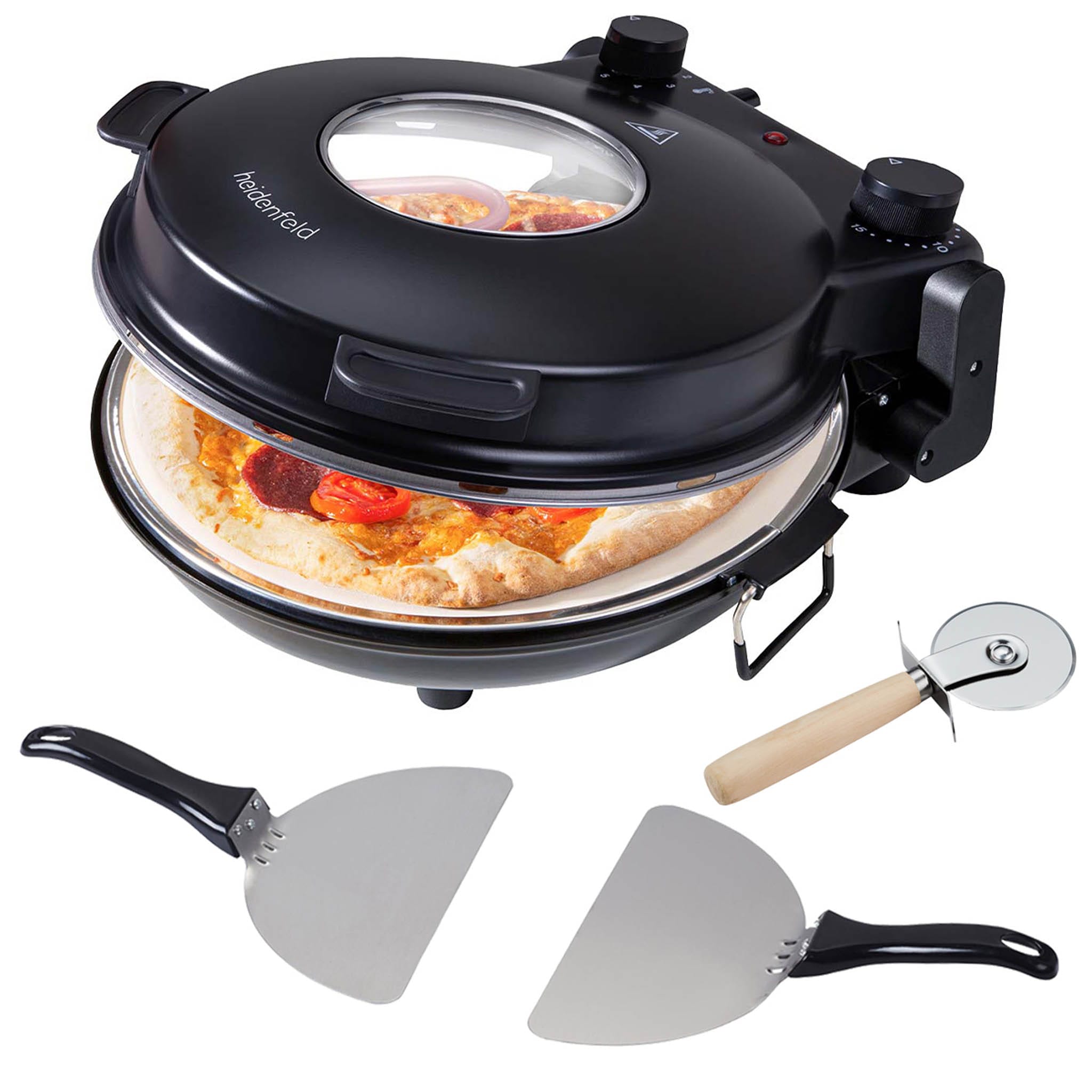 Heidenfeld elektrischer Pizzaofen Napoli, 1200 Watt, 400&deg;, Sichtfenster, Pizzastein (Schwarz) 