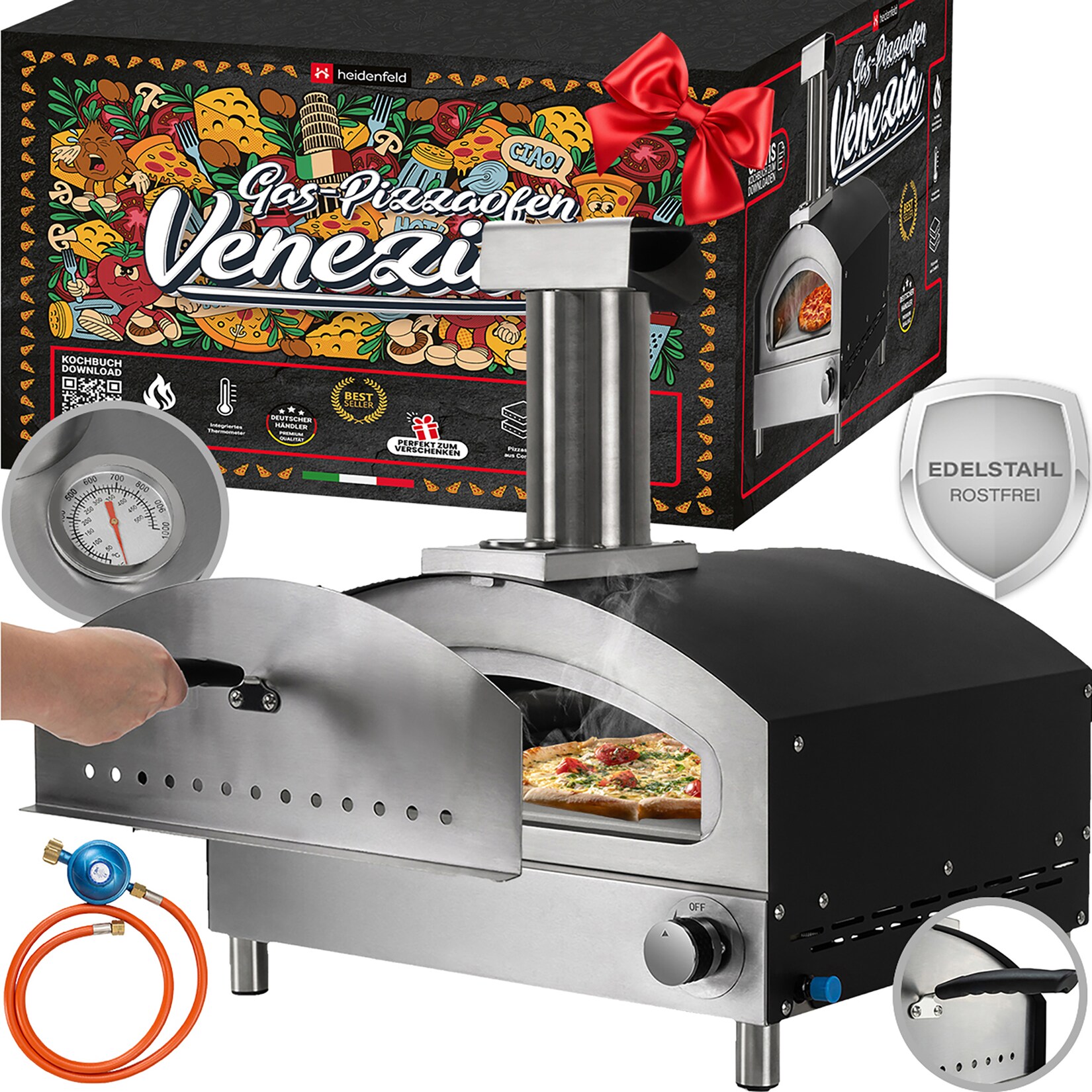 Heidenfeld Gas-Pizzaofen Venezia, 500°, Sichtfenster, Pizzastein, Edelstahl, Schlot mit Regenschutz