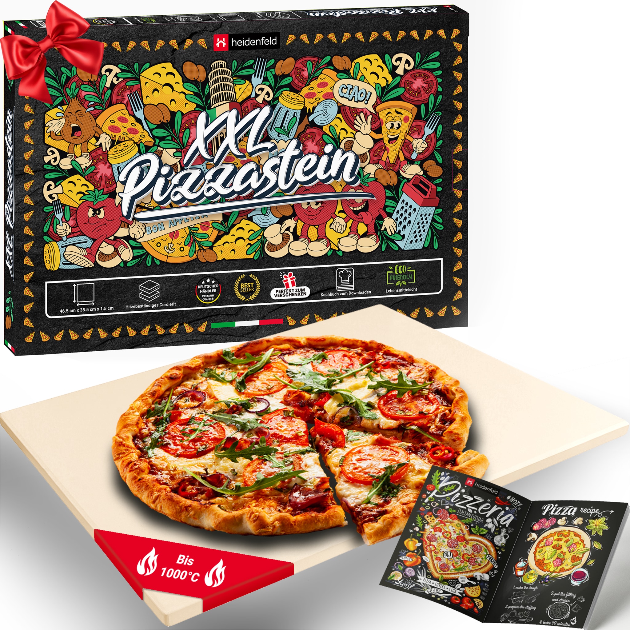 Heidenfeld XXL-Pizzastein, 46,5 x 35,5 x 1,5 cm, rechteckig, Cordierit, f&uuml;r Backofen oder Grill 