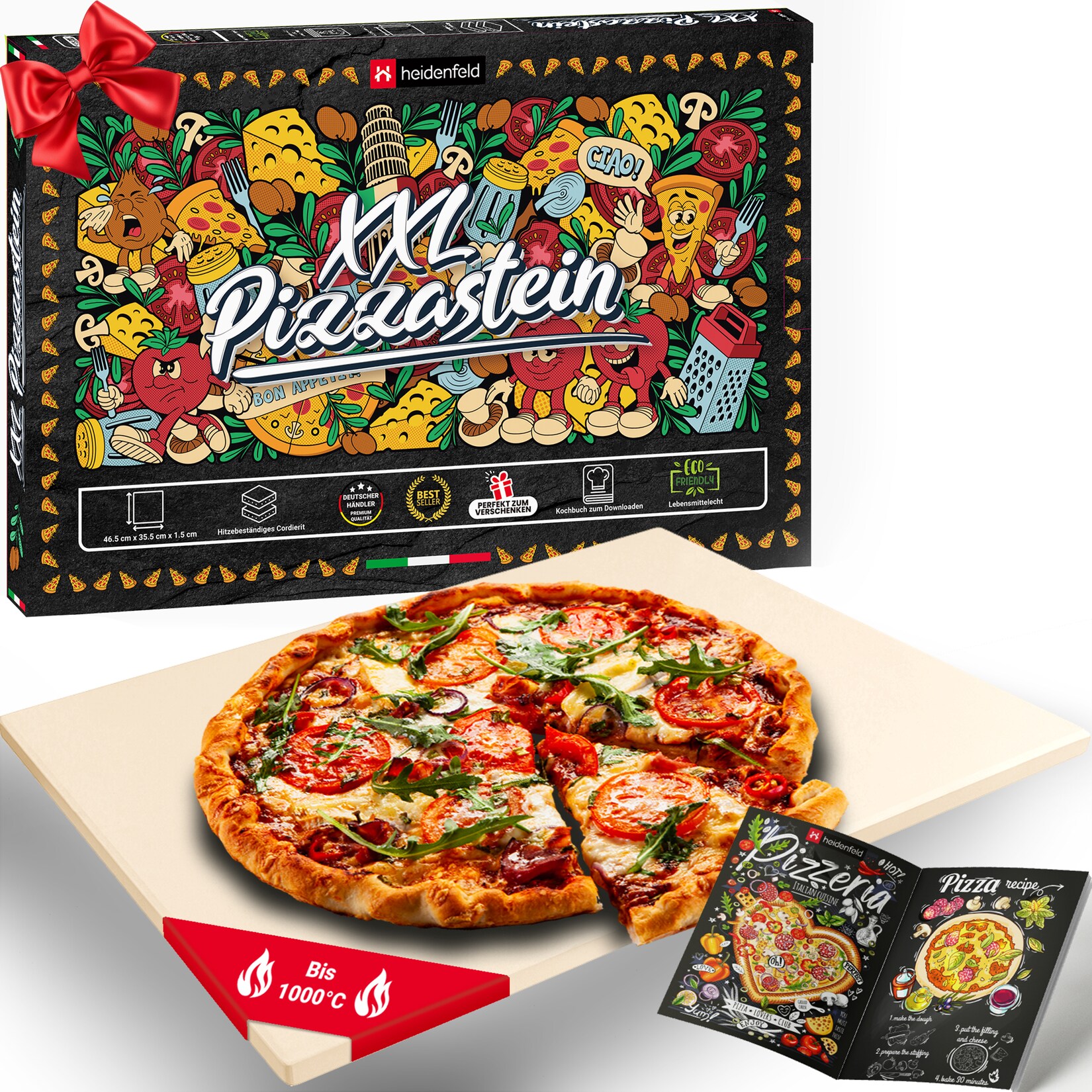 Heidenfeld XXL-Pizzastein, 46,5 x 35,5 x 1,5 cm, rechteckig, Cordierit, für Backofen oder Grill