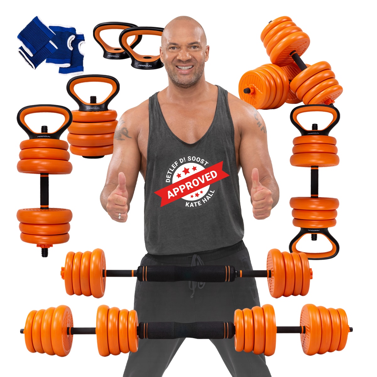 Miweba Sports FED 8in1-Hantelset, Kurzhanteln-Langhantel-Kettlebell-Liegest&uuml;tzgriffe, Beton, 20/30kg (20 Kg orange) 