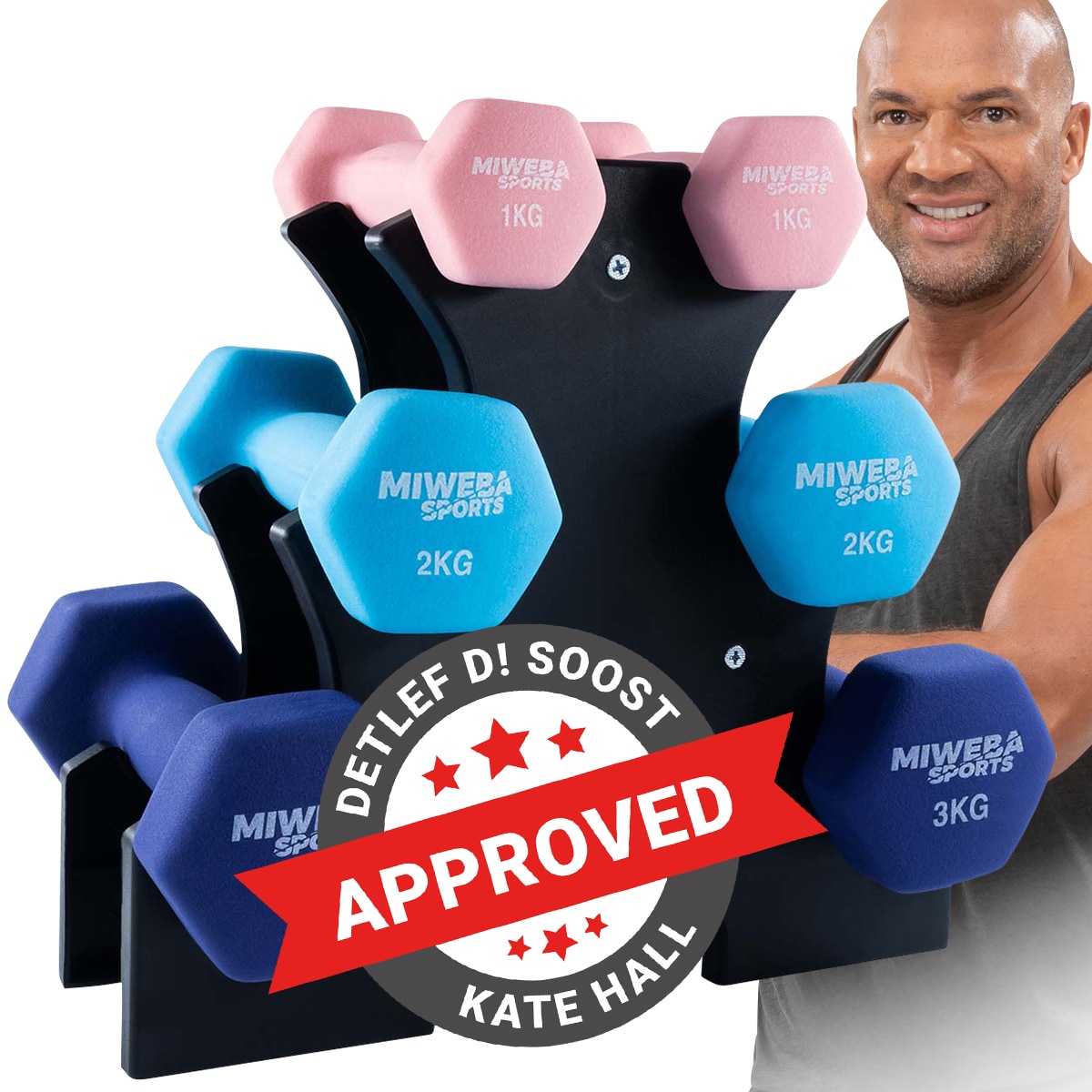 Miweba Sports Gymnastikhantel-Set NKH120, 1-3 kg, Neopren/Vinyl, Eisenkern, rutschfest, Hantelablage (Rosa, T&uuml;rkis, K&ouml;nigsblau, Neopren) 