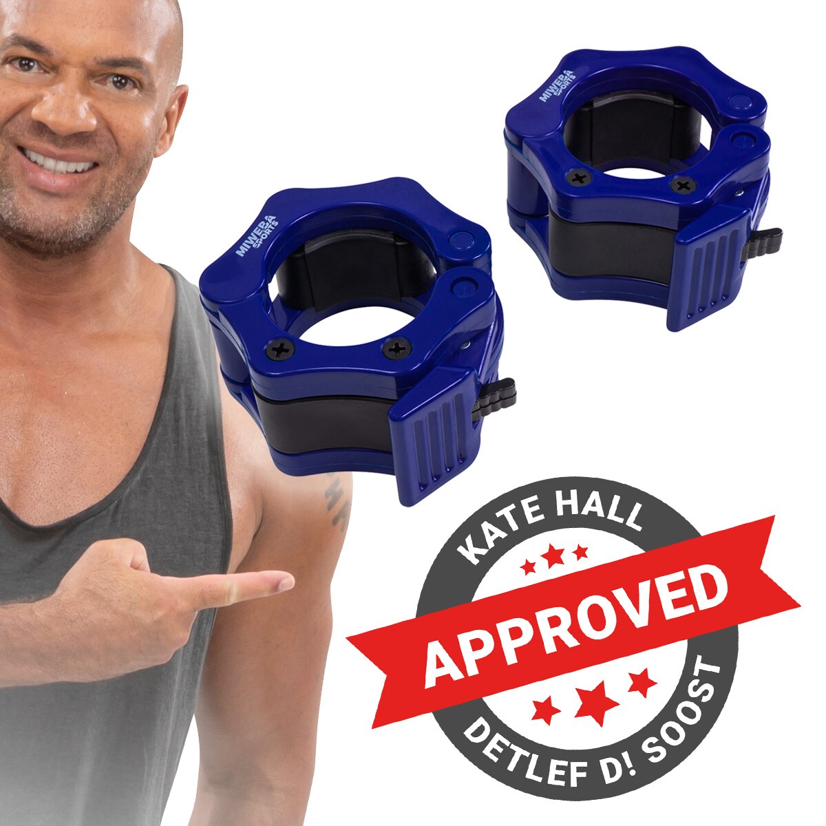 Miweba Sports Hantel-Schnellverschluss, f&uuml;r Olympiastangen mit &oslash; 50/51mm, 2er-Set, Gummibeschichtung (Blau) 