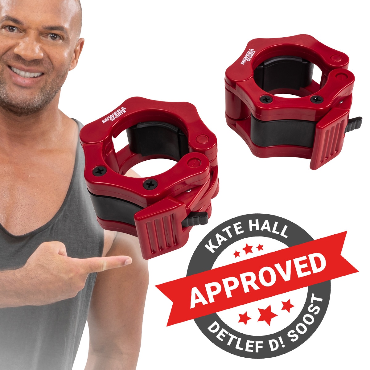 Miweba Sports Hantel-Schnellverschluss, f&uuml;r Olympiastangen mit &oslash; 50/51mm, 2er-Set, Gummibeschichtung (Rot) 