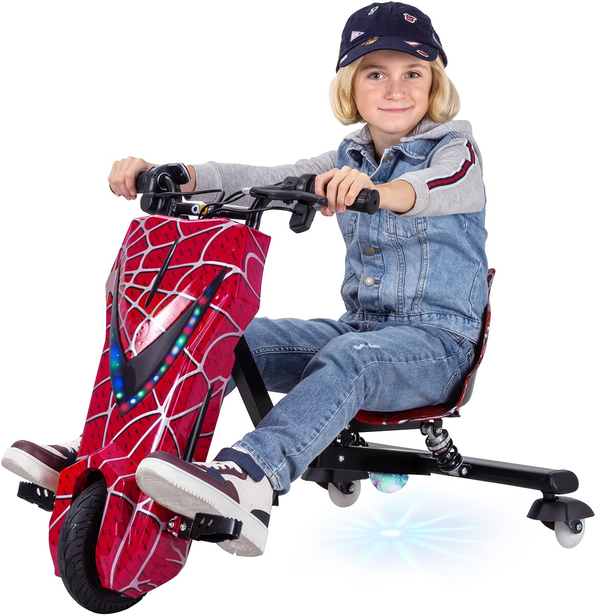 Elektro-Drift-Trike für Kinder, Drift-Scooter, bis zu 15km/h, drosselbar, Hupe, LED-Driftrollen 360° (Rot)