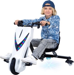 Elektro-Drift-Trike für Kinder, Drift-Scooter, bis zu 15km/h, drosselbar, Hupe, LED-Driftrollen 360° (Weiß Matt) 