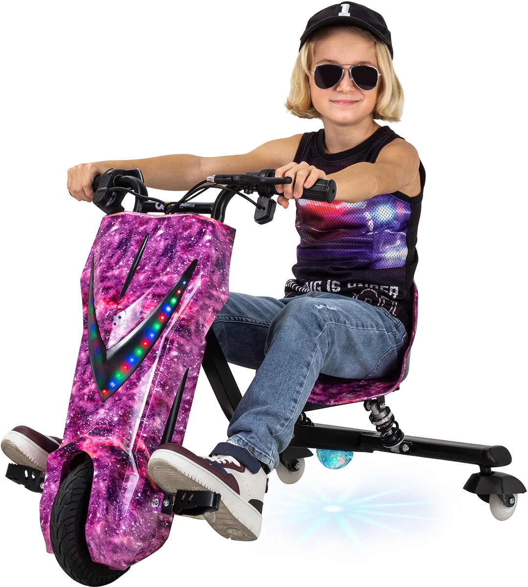 Elektro-Drift-Trike f&uuml;r Kinder, Drift-Scooter, bis zu 15km/h, drosselbar, Hupe, LED-Driftrollen 360&deg; (Space Purple) 