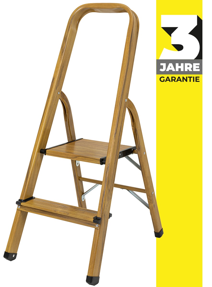 Craftfull Stehleiter CF-133A, Aluminium-Haushaltsleiter, 2-6 Stufen, gummierte Standf&uuml;&szlig;e, bis 150 kg (2 Stufen Holz Edition) 