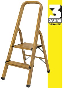 Craftfull Stehleiter CF-133A, Aluminium-Haushaltsleiter, 2-6 Stufen, gummierte Standfüße, bis 150 kg (2 Stufen Holz Edition) 