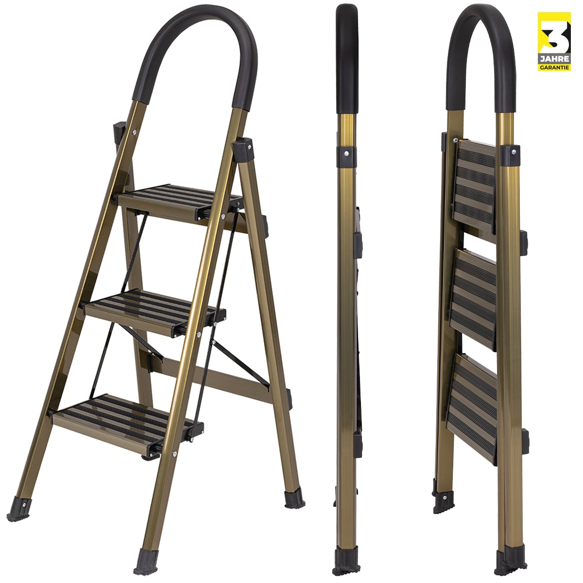 Craftfull Design-Stehleiter CF-134A, Aluminium-Klappleiter, 6cm d&uuml;nn, Champagner/Silber, 3-5 Stufen (3 Stufen Champagner Edition) 