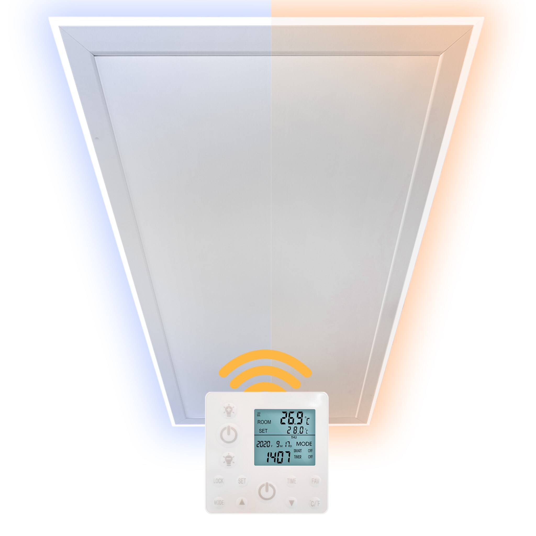 Heidenfeld Infrarot-Deckenheizung HF-HP500 mit Licht, 390-800Watt, 3-20m&sup2;, Fernbedienung, LED-Rahmen (800 Watt, Wechselbar) 