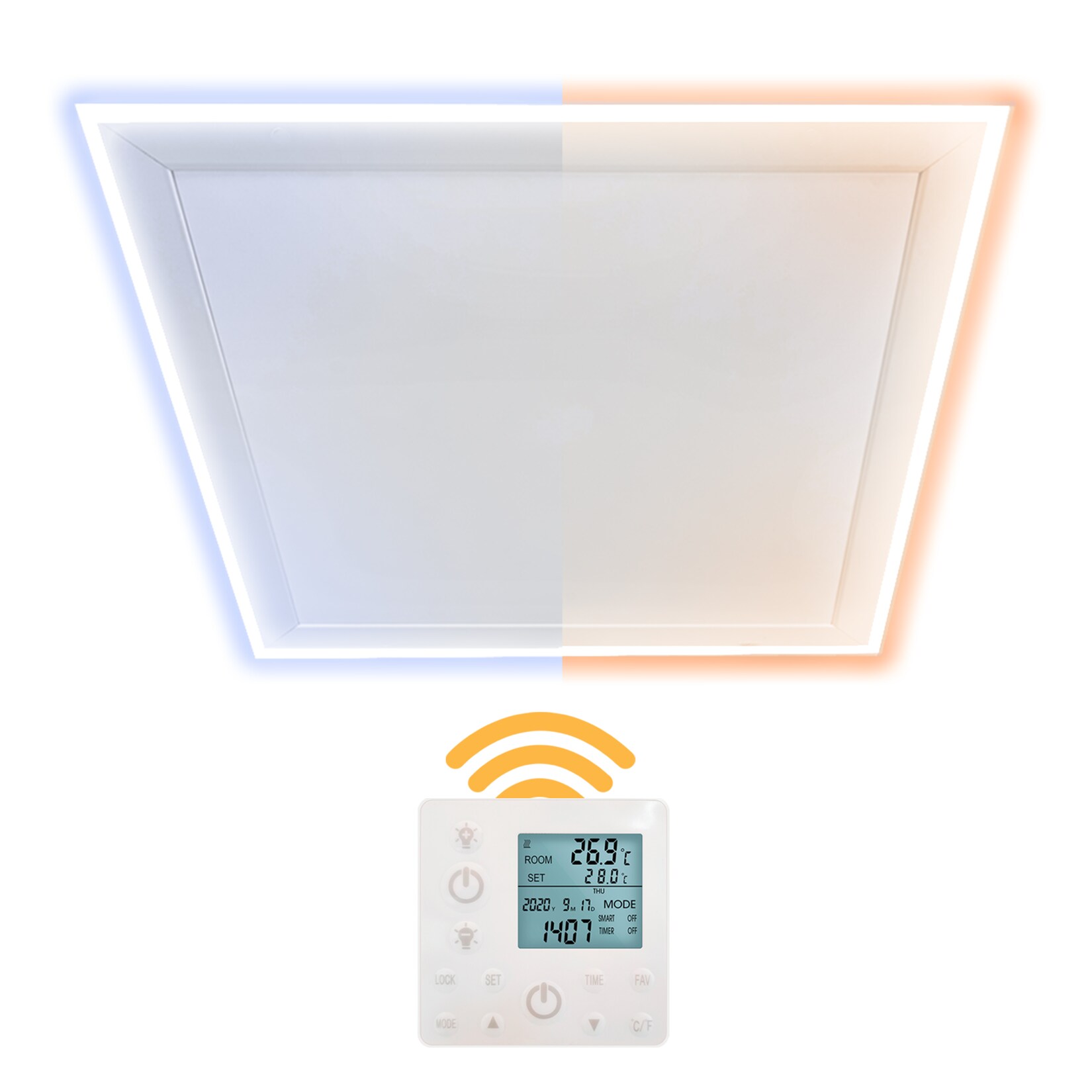 Heidenfeld Infrarot-Deckenheizung HF-HP500 mit Licht, 390-800Watt, 3-20m², Fernbedienung, LED-Rahmen (390 Watt, Wechselbar)