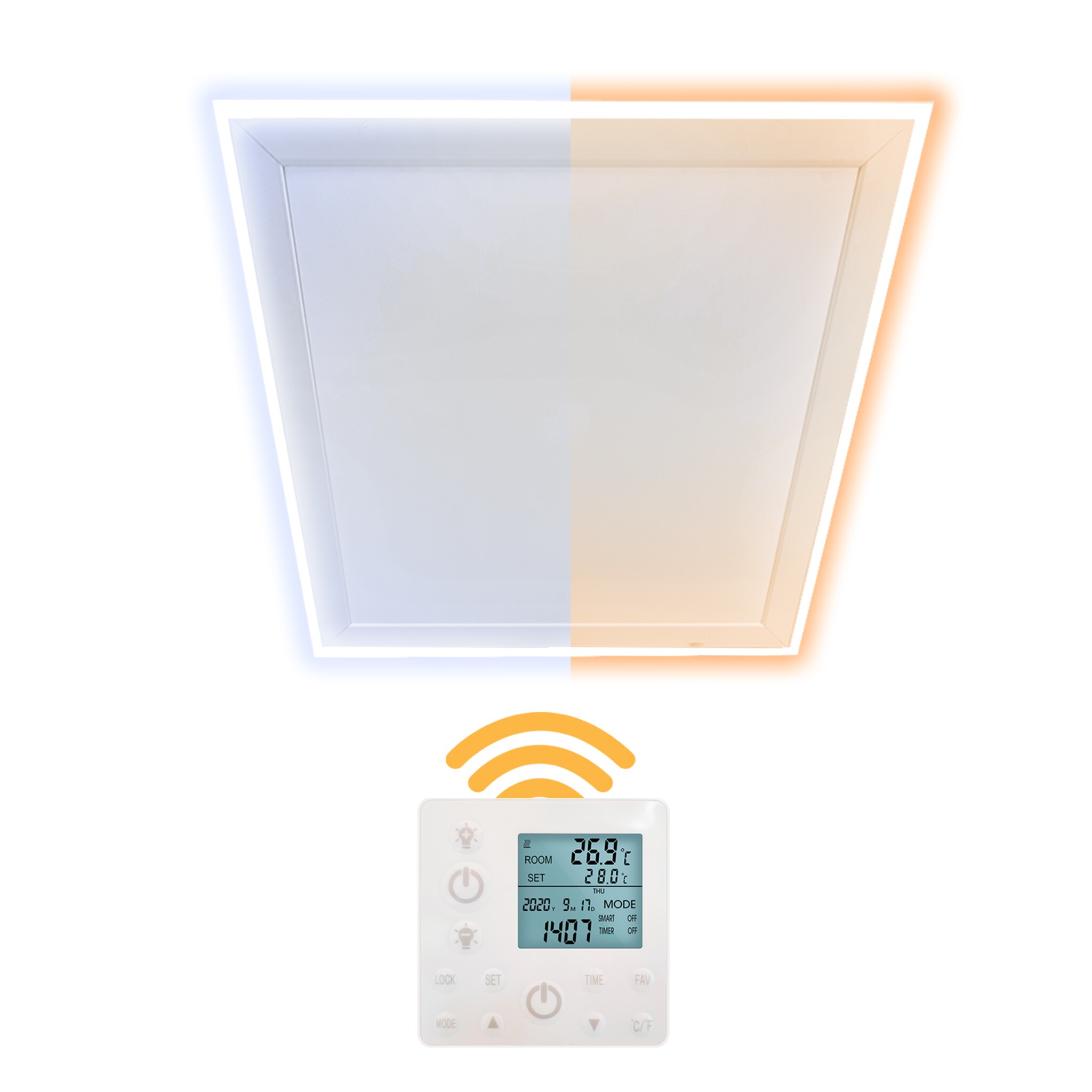 Heidenfeld Infrarot-Deckenheizung HF-HP500 mit Licht, 390-800Watt, 3-20m&sup2;, Fernbedienung, LED-Rahmen (640 Watt, Wechselbar) 