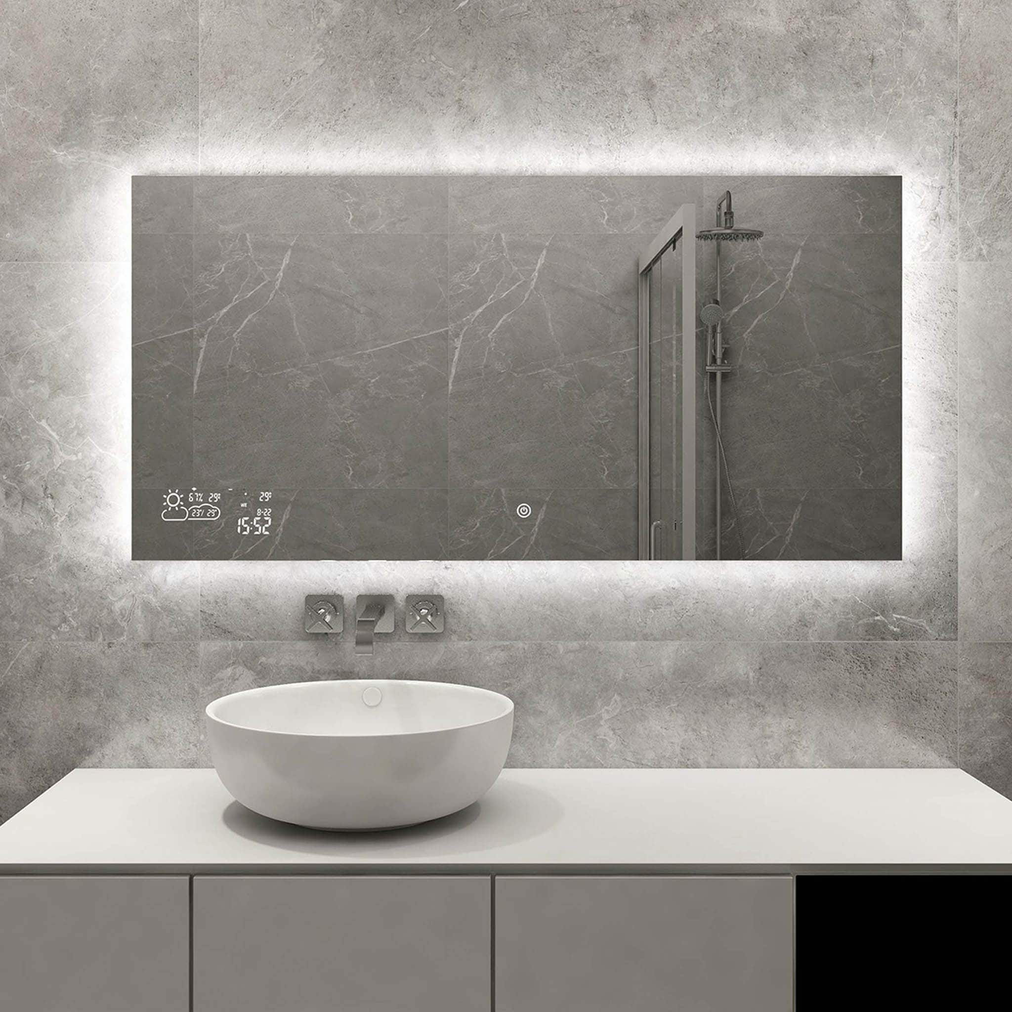 Heidenfeld Infrarot-Spiegelheizung HF-HS200, Wetteranzeige, LED-Licht, 200-500 Watt, Anti-Beschlag (350 Watt) 