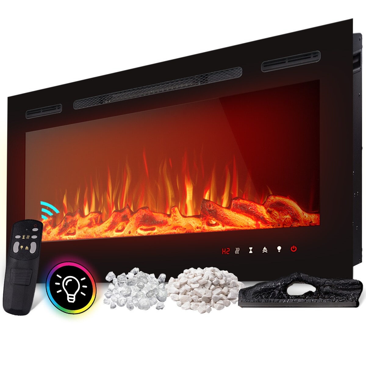 Heidenfeld Elektrokamin HF-WK200, 6 Gr&ouml;&szlig;en, wei&szlig;/schwarz, Wandeinbau, 3D-Flammeneffekt in 10 Farben (Schwarz, 92 x 55 cm) 