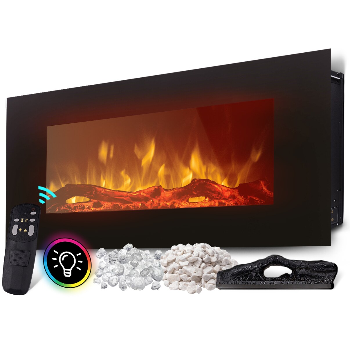 Heidenfeld Elektrokamin HF-WK300, elektrischer Kamin mit 3D-Flammeneffekt, 1500W, 3J Garantie, Timer (Schwarz, 128.0 x 55.0 cm)