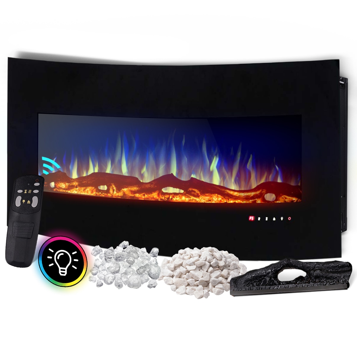 Heidenfeld Elektrokamin HF-WK400, elektrischer Kamin, Curved-Glas, 3D-Flammeneffekt, 2-Level-Heizung 