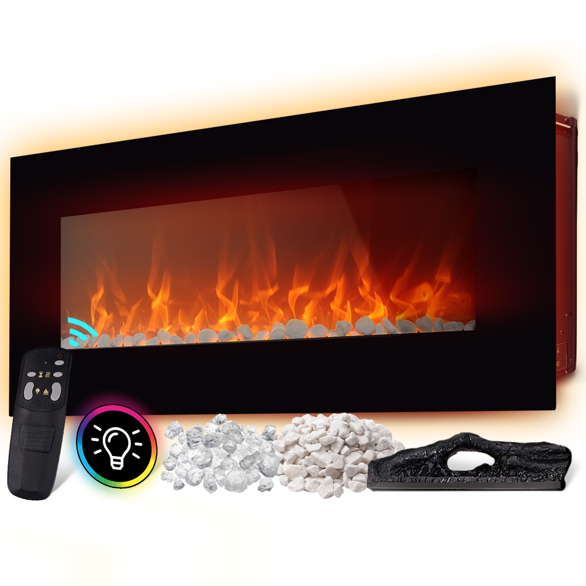 Heidenfeld Elektrokamin HF-WK500, Wandkamin mit LED-Hintergrundbeleuchtung, Bluetooth-Lautsprecher 